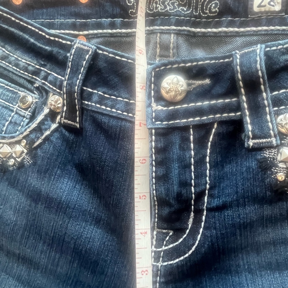 MISS ME Mid-Rise Boot Cut Embellished Jeans Whiskered Dark Wash Size 28 - Picture 9 of 12